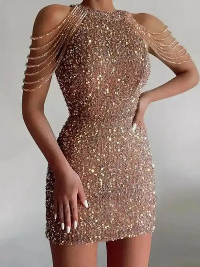 Sequined Chain Beads Bodycon Party Dress