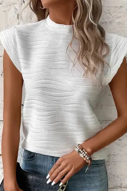 Dark Green Wavy Textured Mock Neck Cap Sleeve Top