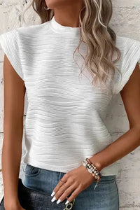 Dark Green Wavy Textured Mock Neck Cap Sleeve Top