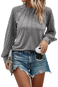 Gray Lace Sleeve Plicated Knit Top