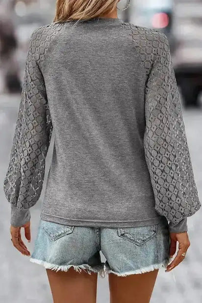 Gray Lace Sleeve Plicated Knit Top