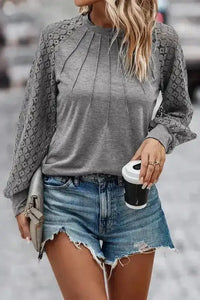 Gray Lace Sleeve Plicated Knit Top